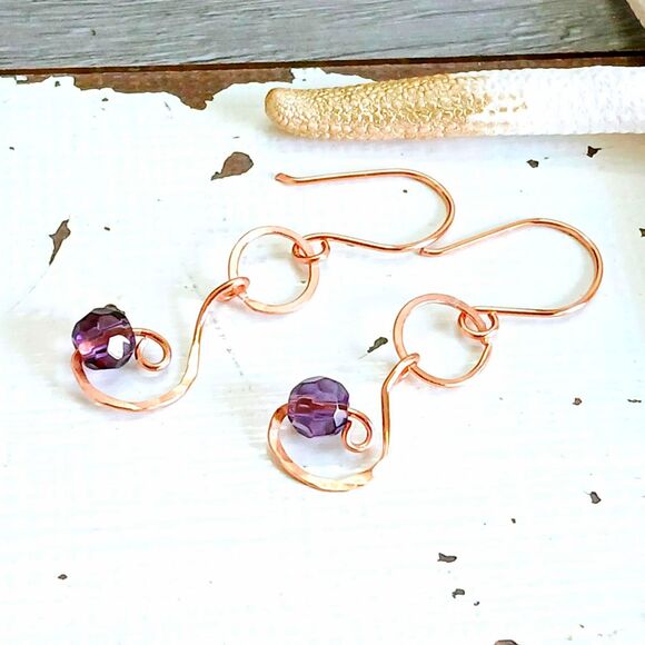 Boho Chic Purple Glass Beaded Dangle Earrings, Hammered Copper Jewelry 2" - Picture 4 of 6